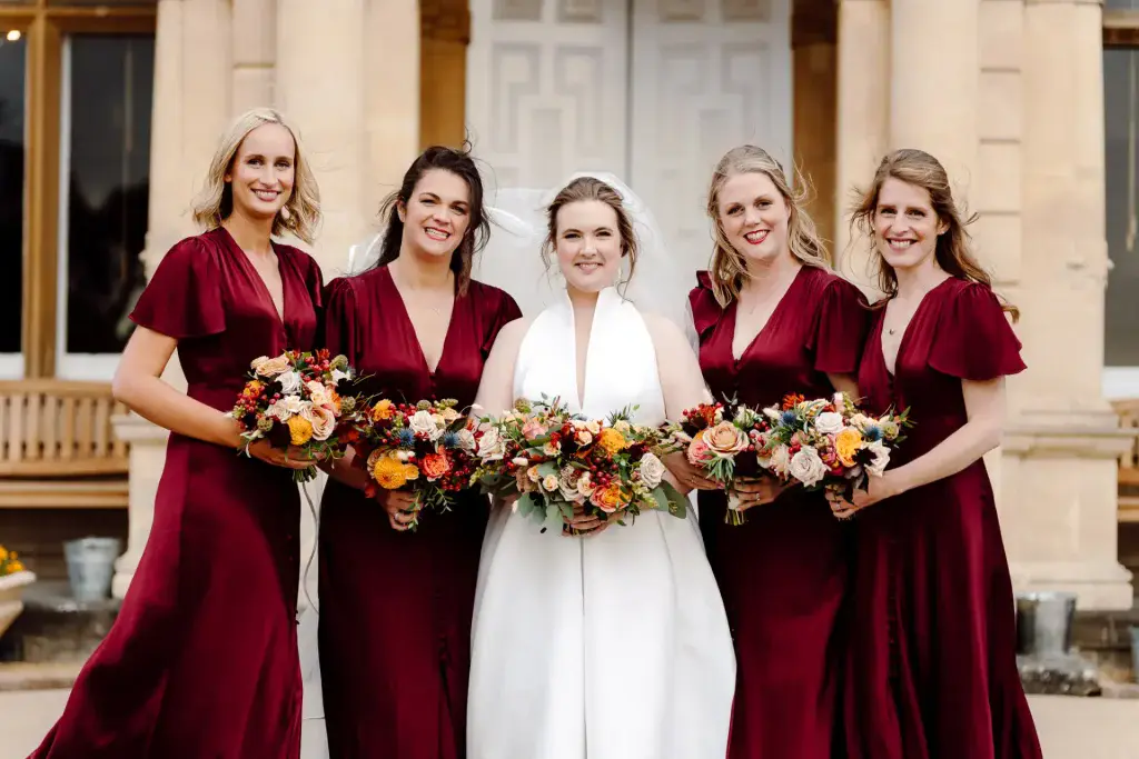 deep red satin bridesmaid dresses