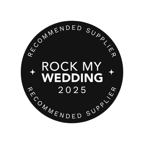 a black circle with white text for rock my wedding 2025 recommended suppliers