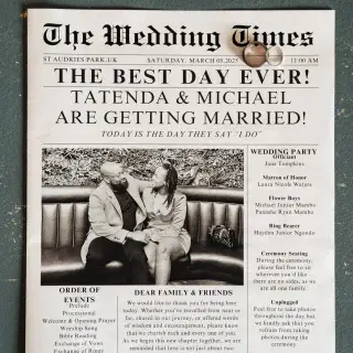 Extra! Extra! 🗞️ Read all about it… Tatenda & Michael are getting MARRIED! 💍✨
We absolutely loved this creative touch — a wedding day newspaper full of personality, heartfelt messages, and the perfect schedule for their “Best Day Ever.” From the unplugged ceremony to words of love for their guests, this little paper had it all ❤️
Weddings like this remind us: it’s not just about the vows, but the vibe. And this one? Immaculate.
#TatendaAndMichael #WeddingNewspaper #WeddingDetails #PersonalisedWedding #StAudriesPark #UKWeddingInspo #WeddingStationeryGoals #ModernLoveStory #WhiteVillaWeddings #WeddingPhotographyIdeas