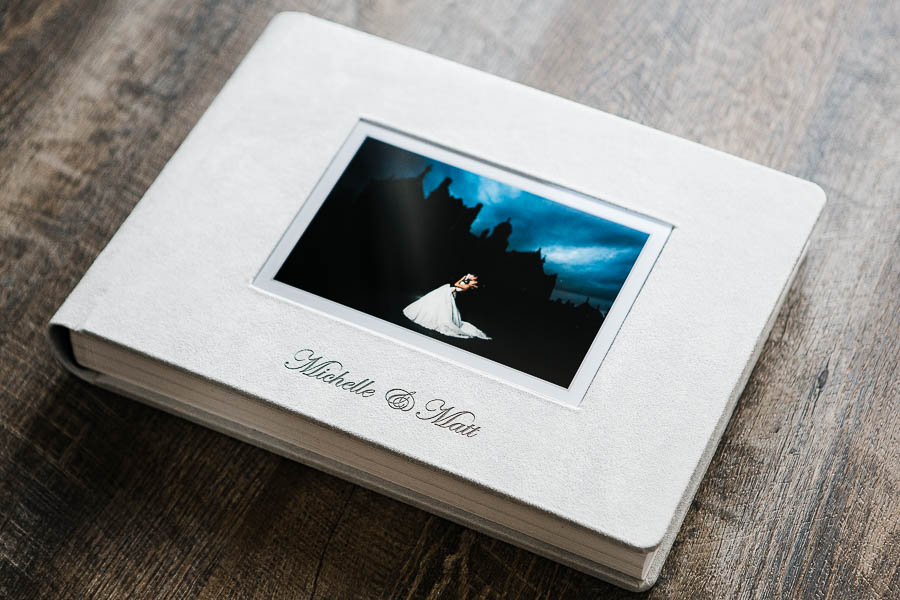 wedding album front cover with acrylic die cut image and grey suede material